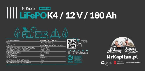 Przejdź do produktu Akumulator LiFePOK4 MrKapitan PREMIUM 180 Ah pod siedzenie (BT)  